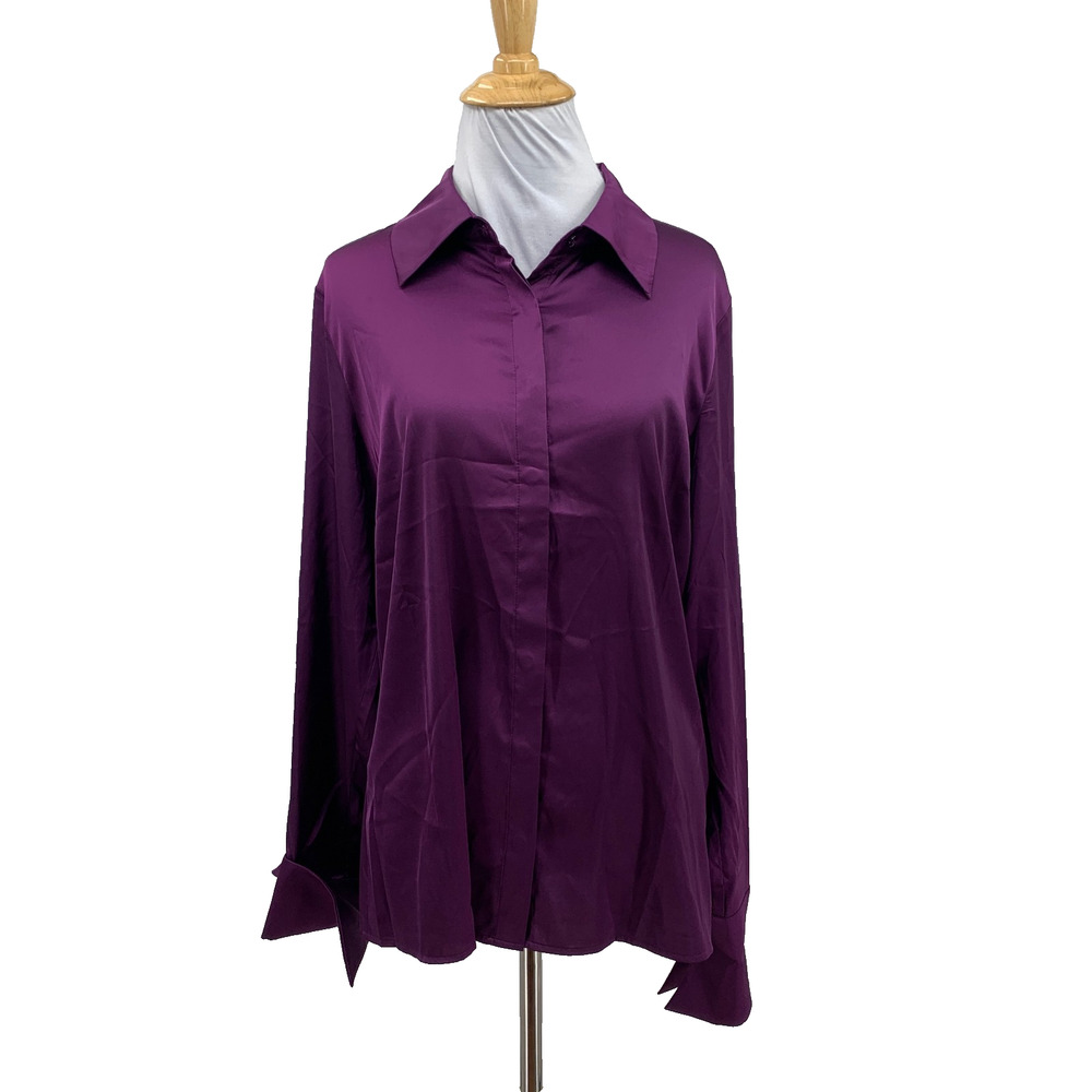 Boston Proper Shirt Womens 12 Hibiscus Satin Hidden Button Long Sleeve Stretch